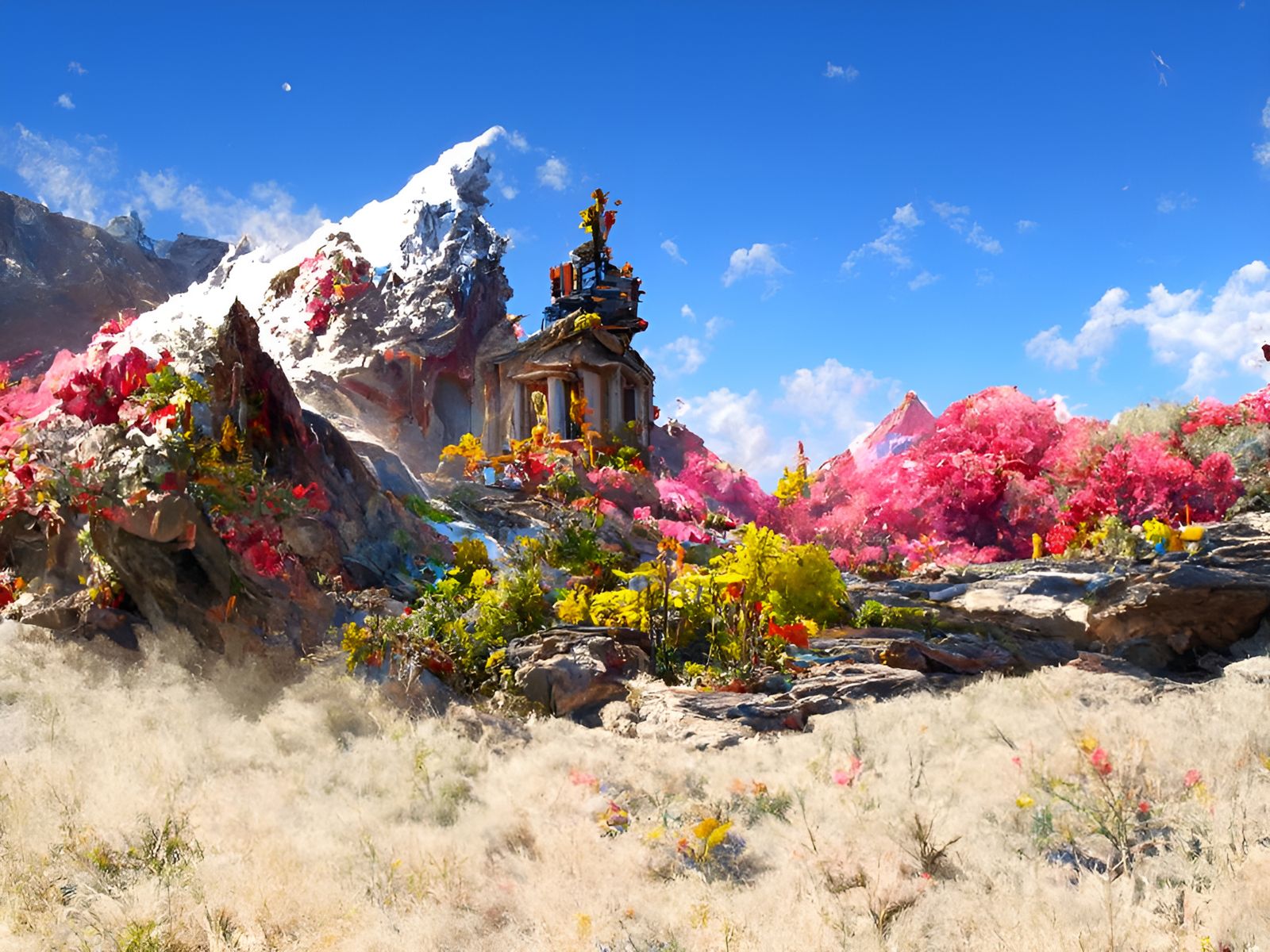Post-Apocalyptic Mountain Temple in a Vibrant Landscape