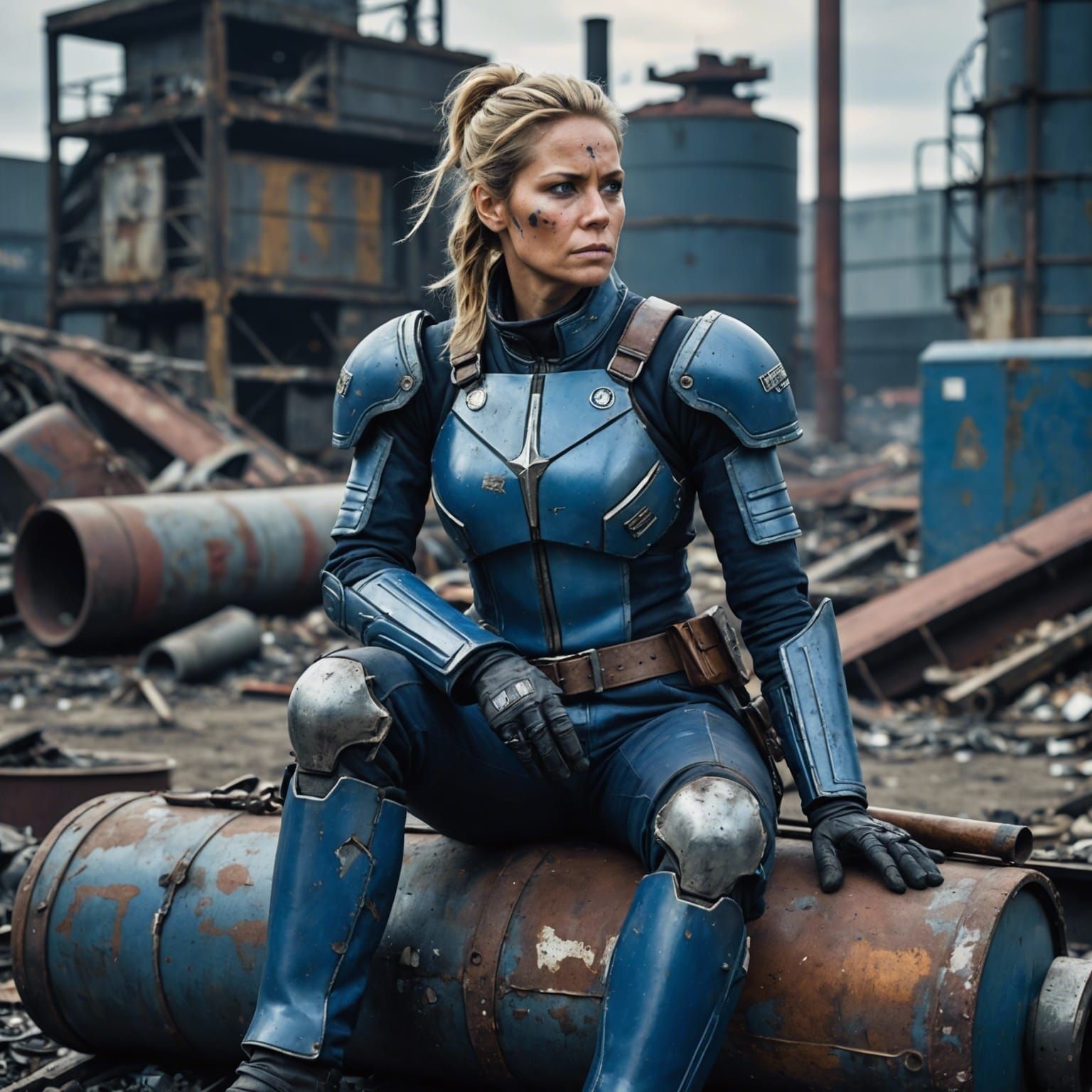 Weathered Space Warrior in Industrial Wasteland