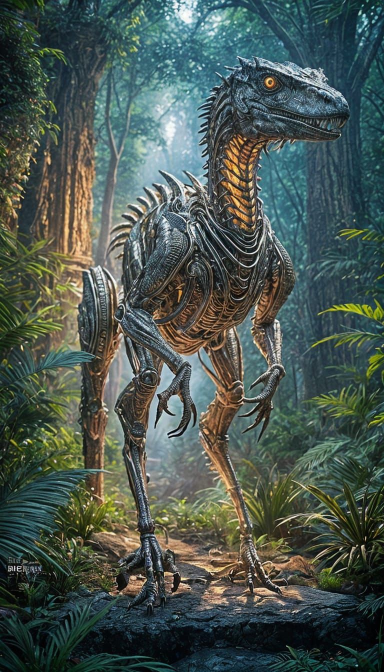 Bioluminescent Filigree Robot Velociraptor in Jungle