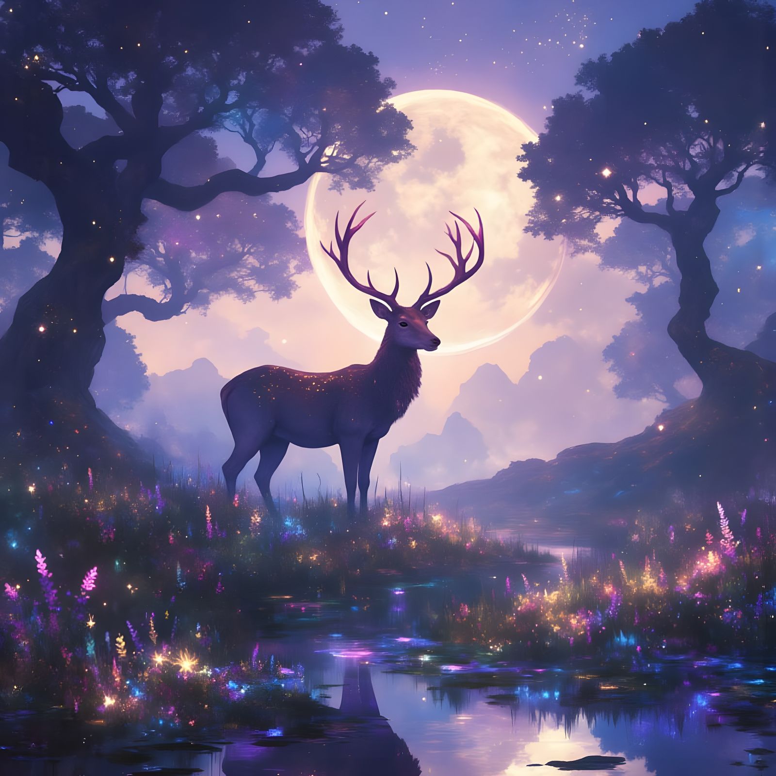 Dreamlike Deer in Enchanting Night Landscape