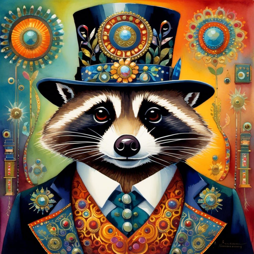 Fancy Raccoon Portrait in Watercolor Style