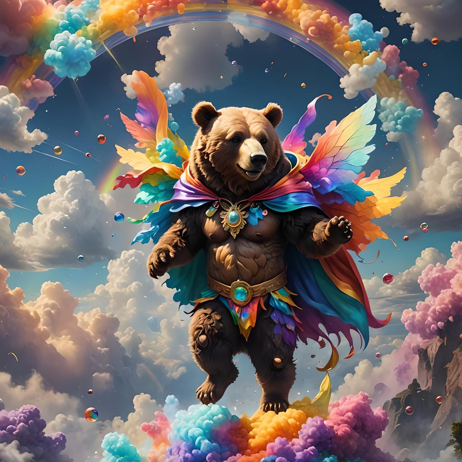 Fairy Bear Superhero on Rainbow Bubble Clouds