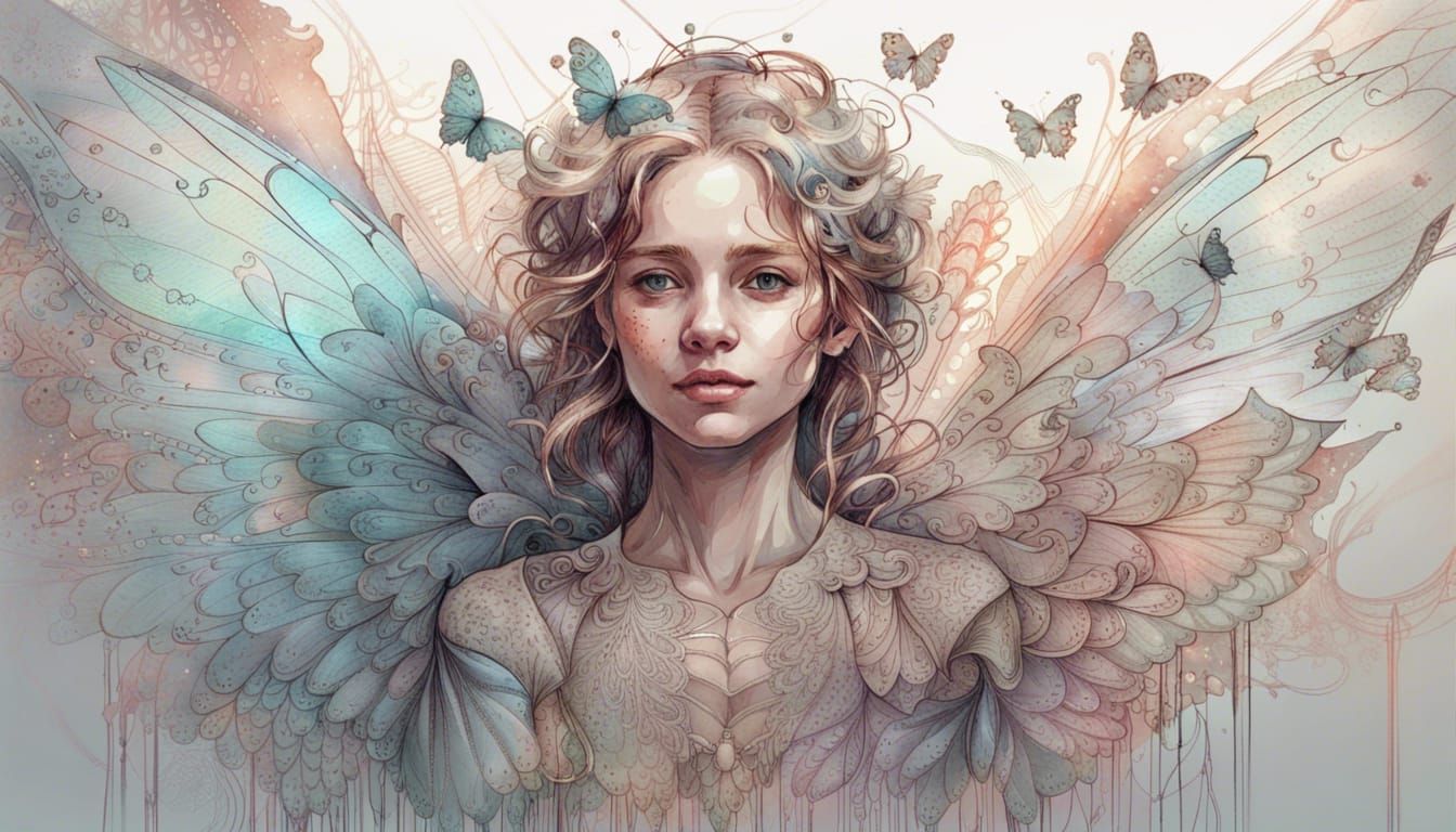 Smiling Angel Portrait with Butterfly Wings as Digital Art