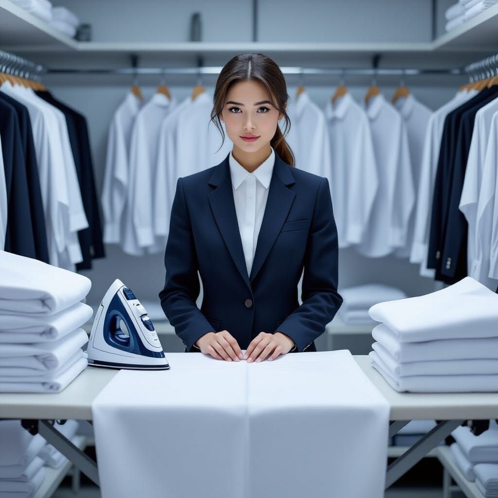 Professional Woman in Laundry Room, Realistic Style