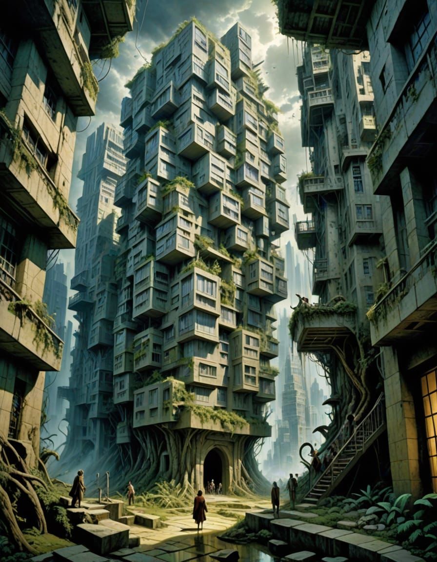 Surreal Decaying Buildings in a Monochromatic Landscape