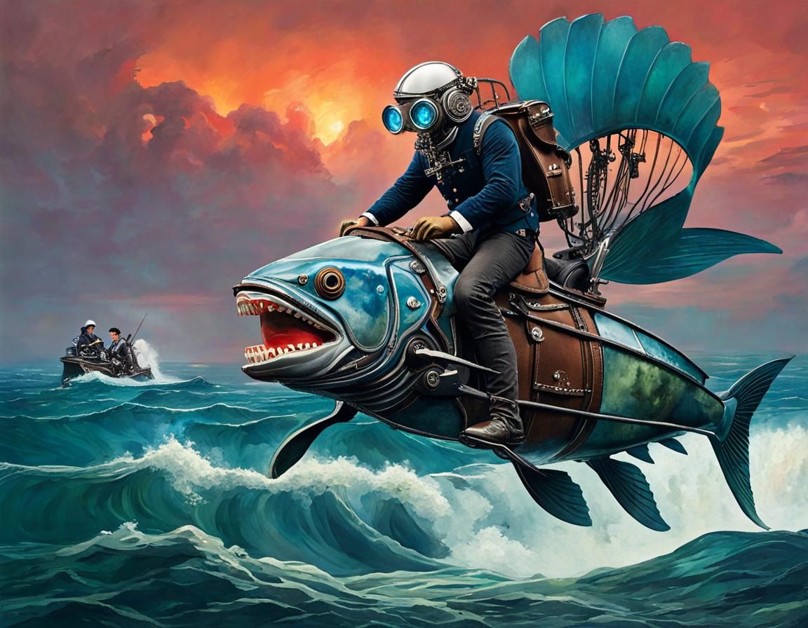 Mechanoid Rider on Steampunk Sea Creature