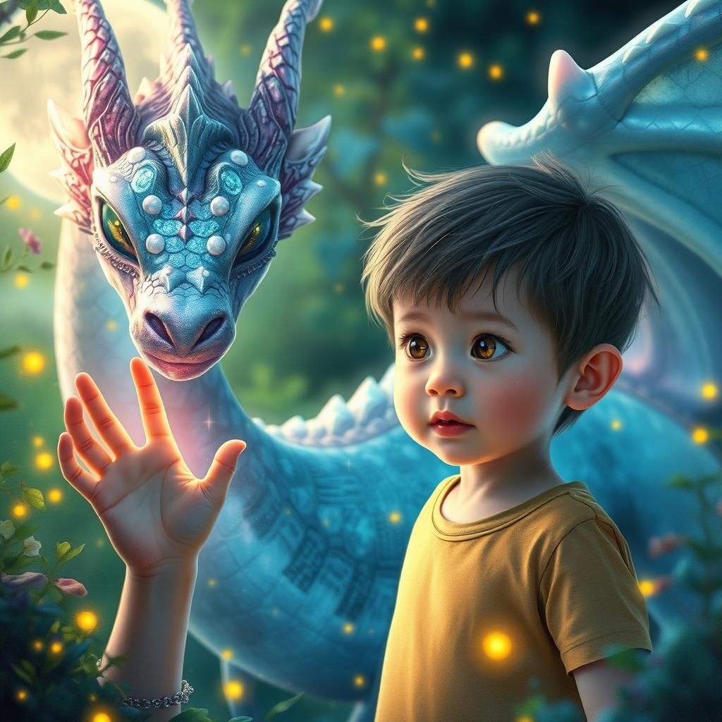 Child and Dragon in Dreamlike Landscape