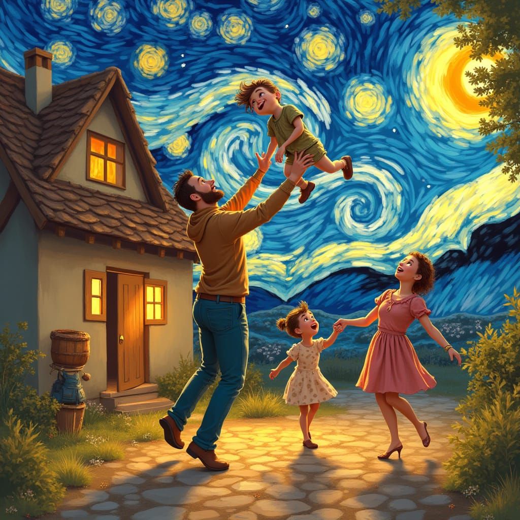 Warm Family Scene in Vibrant, Textured Oil Painting Style