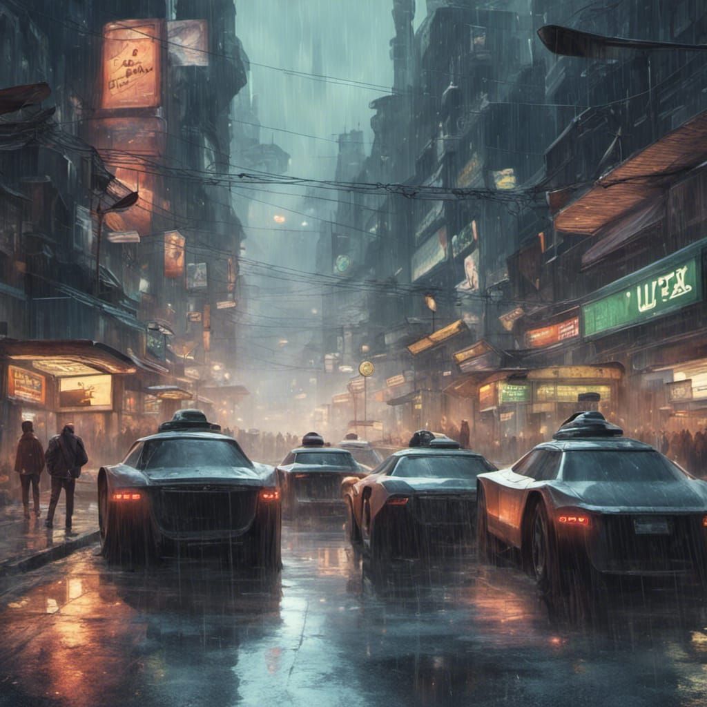 Futuristic City Street Scene with Flying Machine Crash
