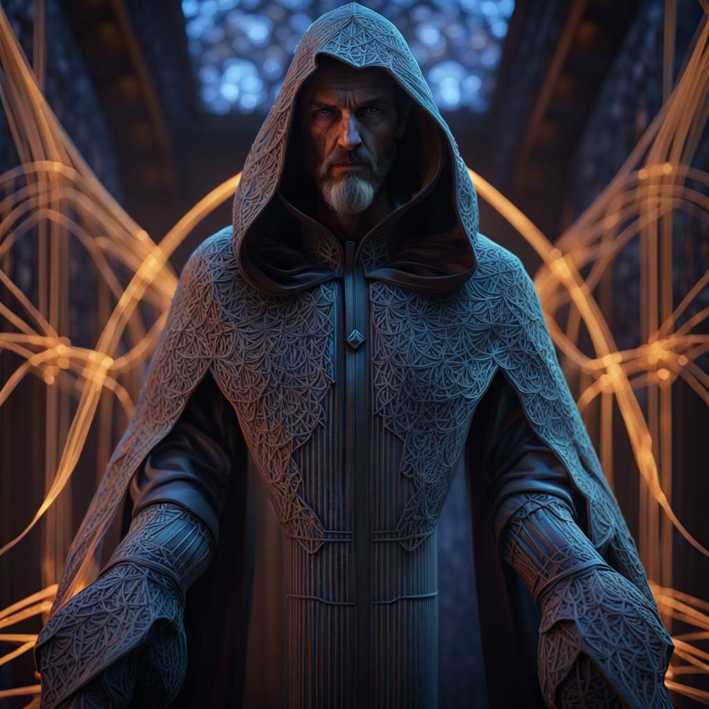 Cloaked Figure Portrait with Wireframe and Fiber Optic Light...