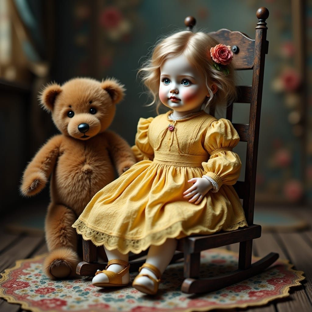 Old Fashioned Doll in Yellow Gingham Dress with One-Eyed Bea...