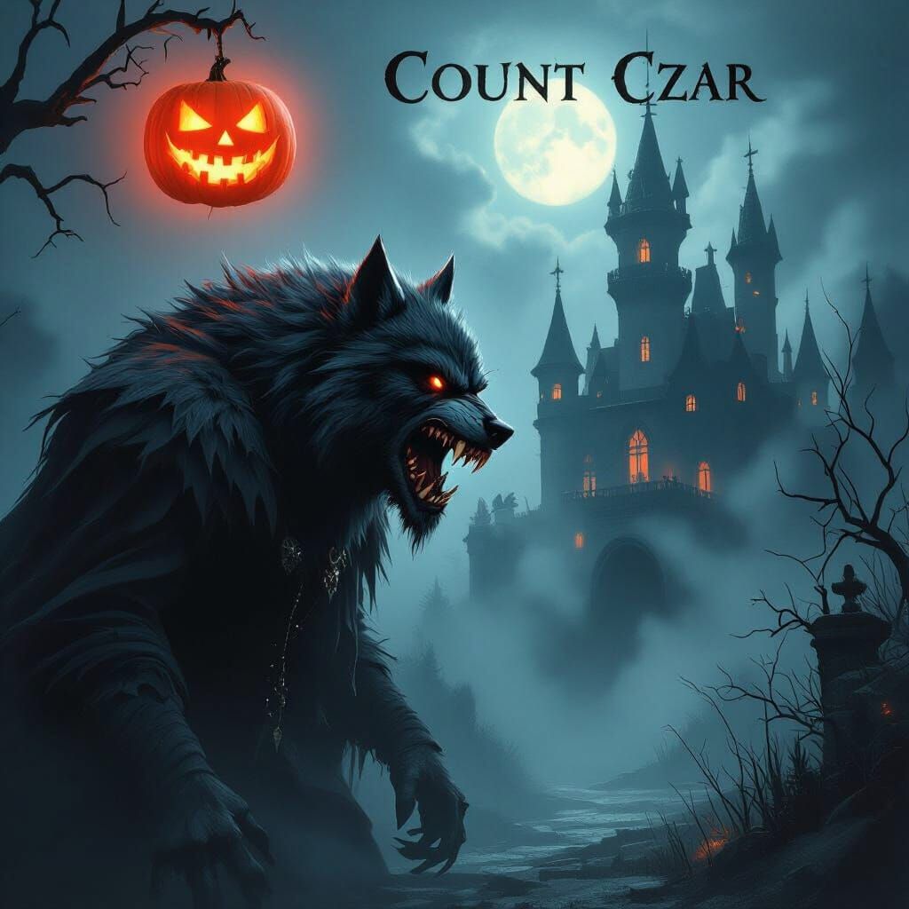 Terrifying Werewolf Before Gothic Castle with Red Pumpkin Mo...