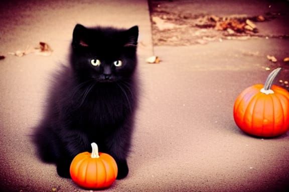 Adorable Black Kittens with Pumpkin: Photorealistic Detail