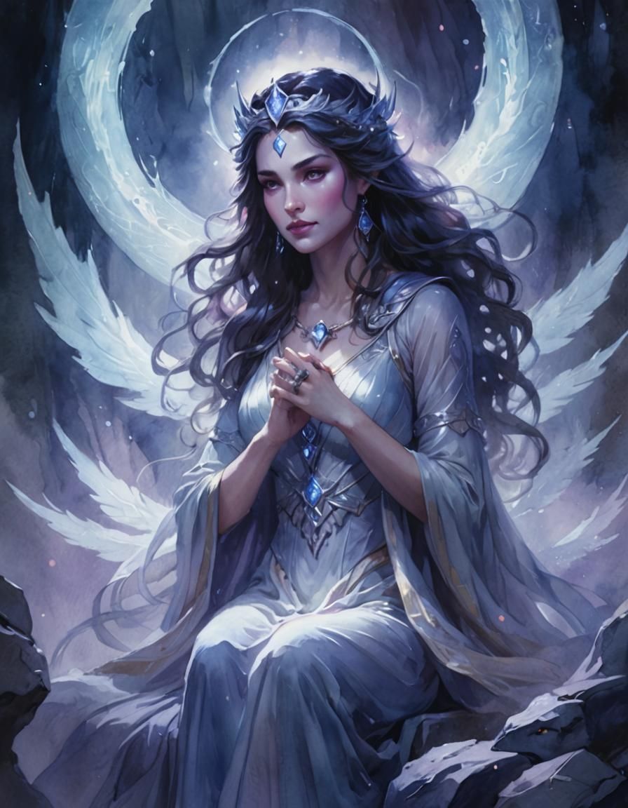 Mysterious Goddess Portrait in Watercolor Style