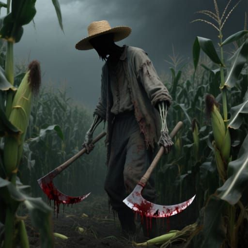 Eerie Cornfield Figure With Bloodstained Sickles