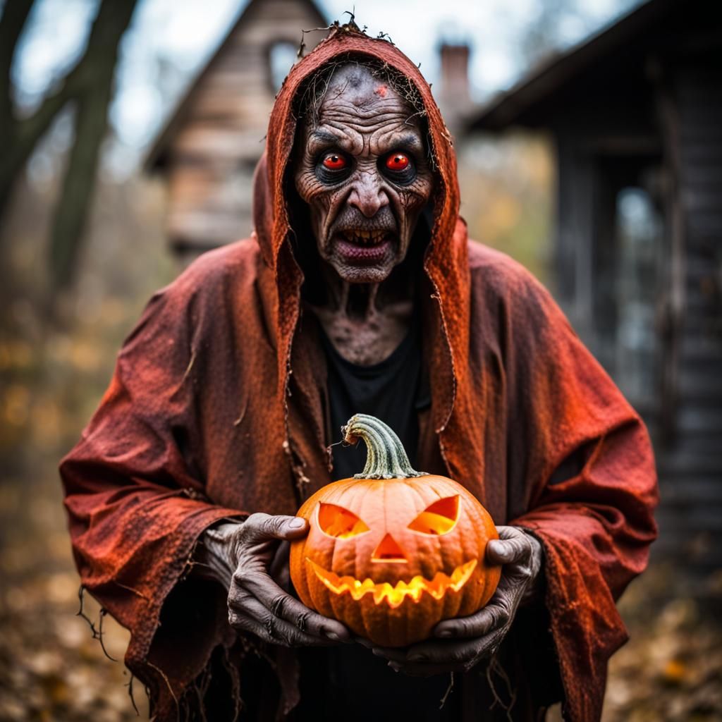 Creepy Witch with Decaying Jack-O'-Lantern
