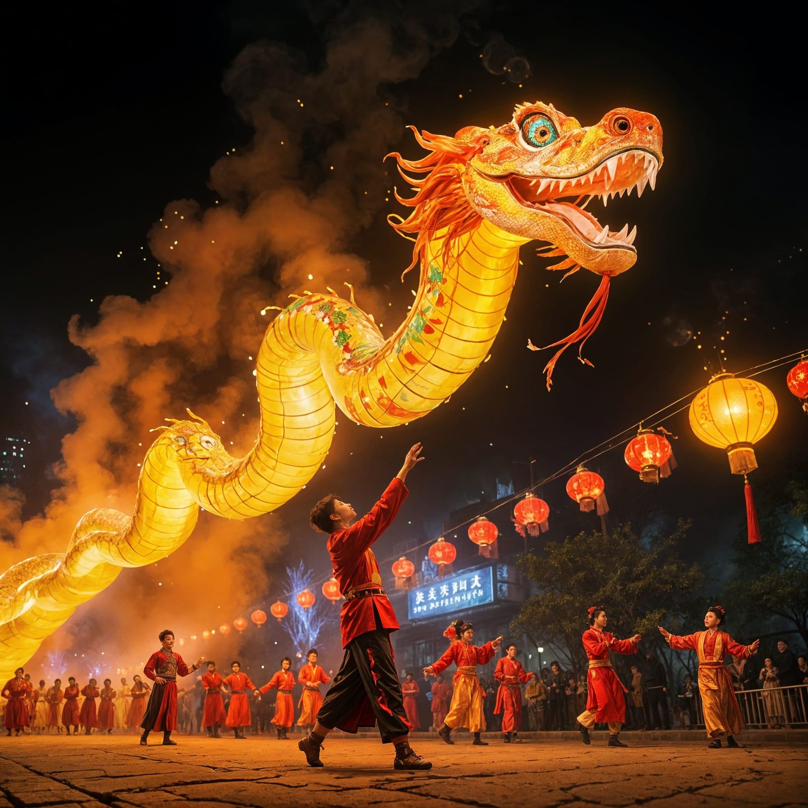 Celestial Chinese New Year Snake Dances Under Starry Night