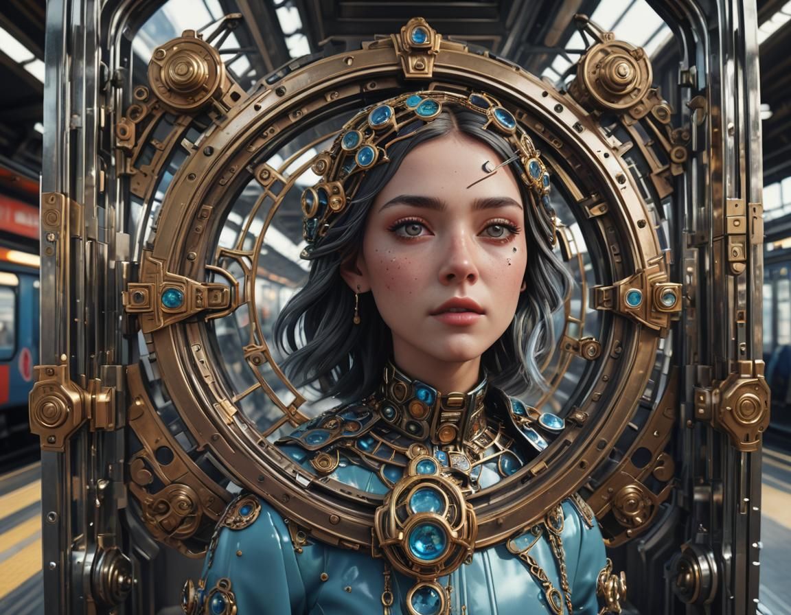 Futuristic Train Station with Kaleidoscope Girl, Sci-Fi Art