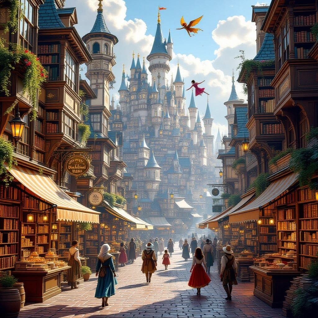Enchanted Bookhaven in Vibrant Fantasy Town