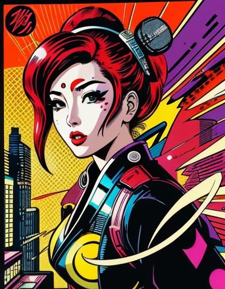 Cyberpunk Geisha in Pop Art Comic Style