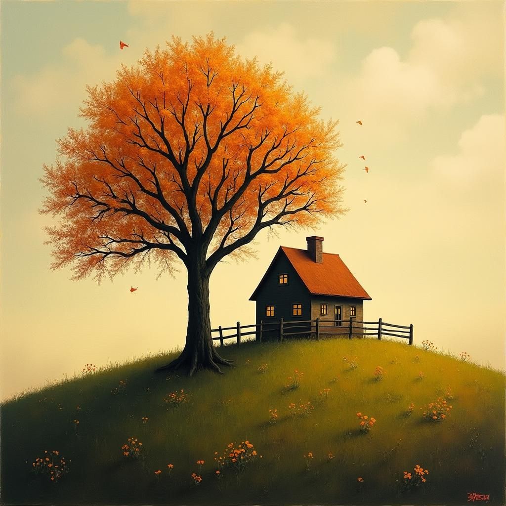 House on Hill Under Autumn Tree: Landscape Painting
