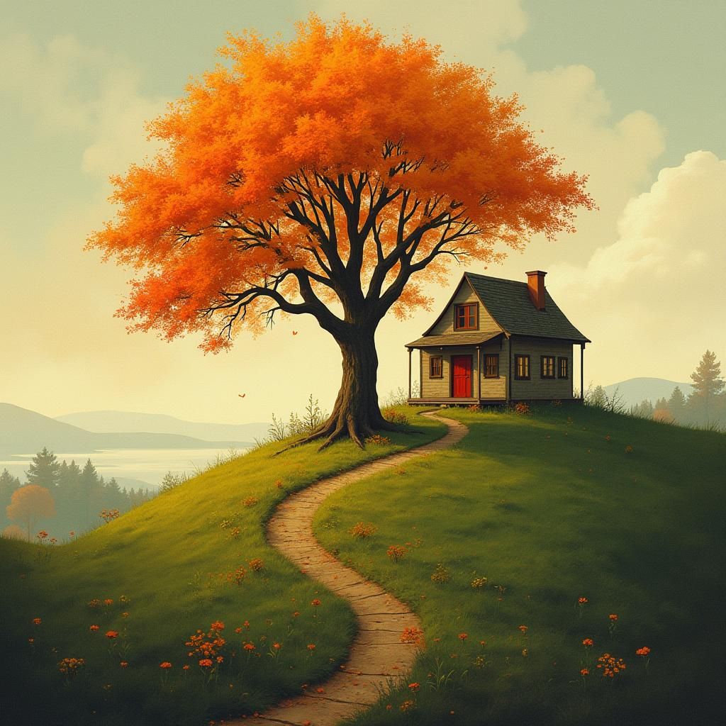 Autumn Hillside Home in Rustic Painting Style