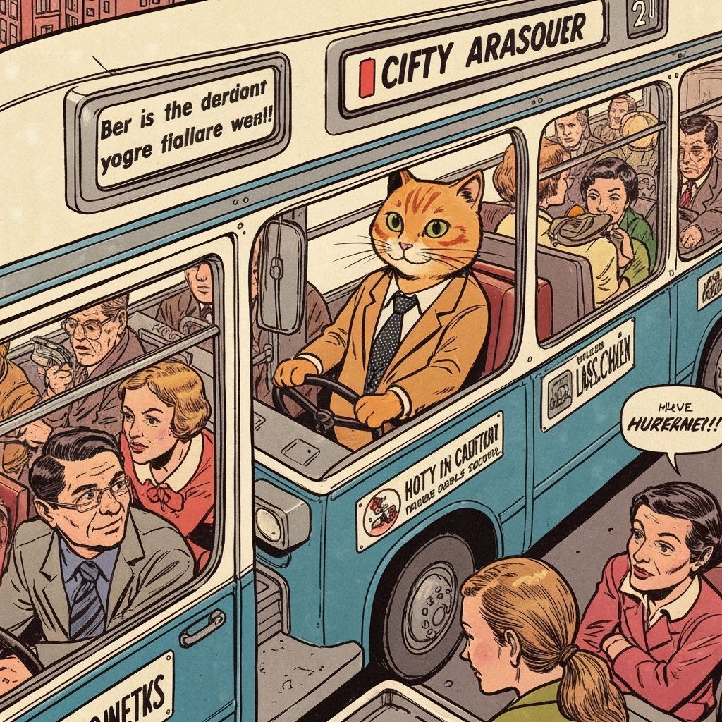 Ginger Cat Bus Driver with Dog Passengers