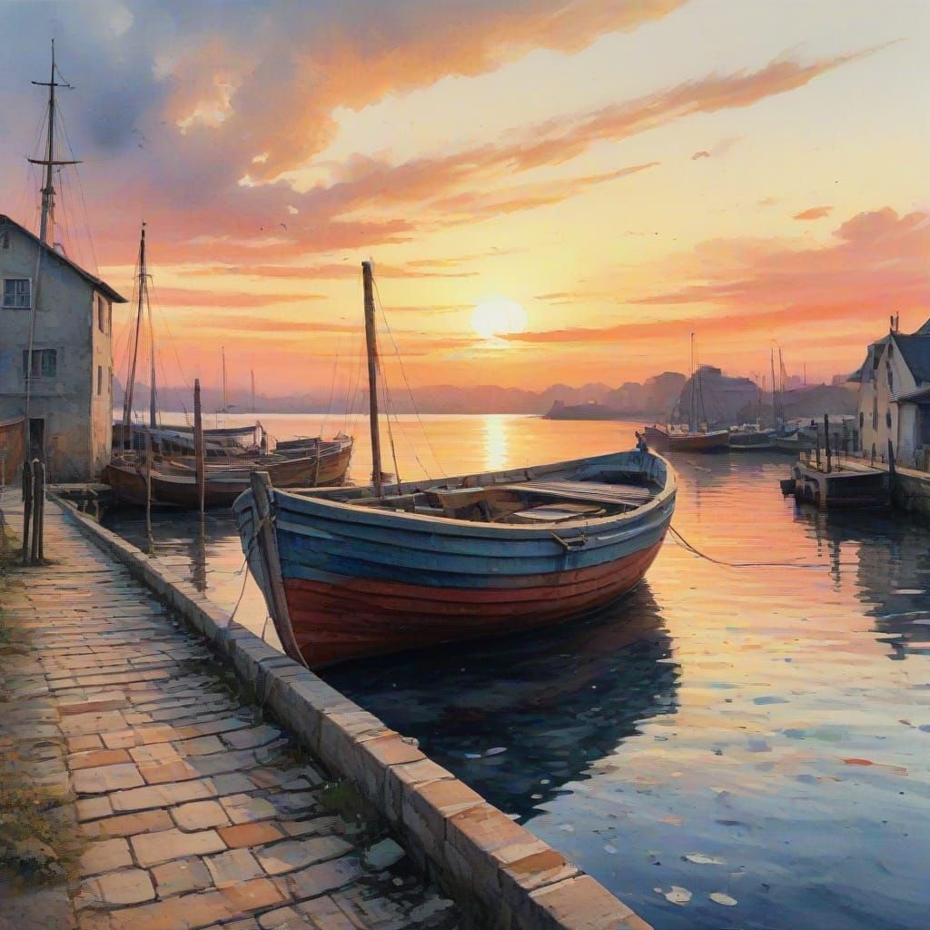 Watercolour Old Boat at Dock at Sunset