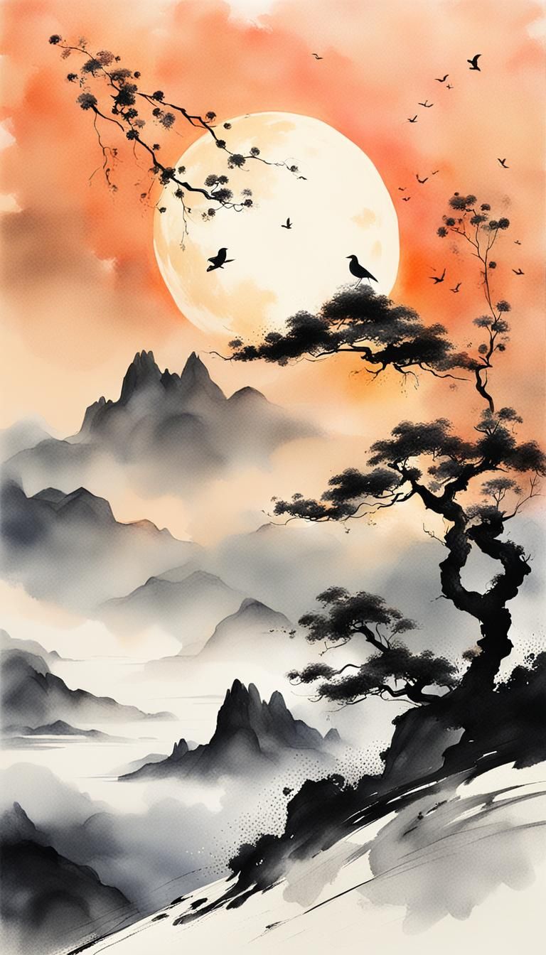 Minimalist Chinese Ink Fantasy Landscape at Sunset