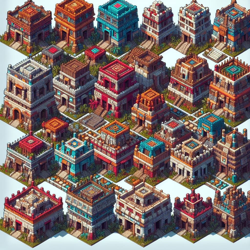 Aztec Houses in Block-Style Grid: Fantasy Concept Art