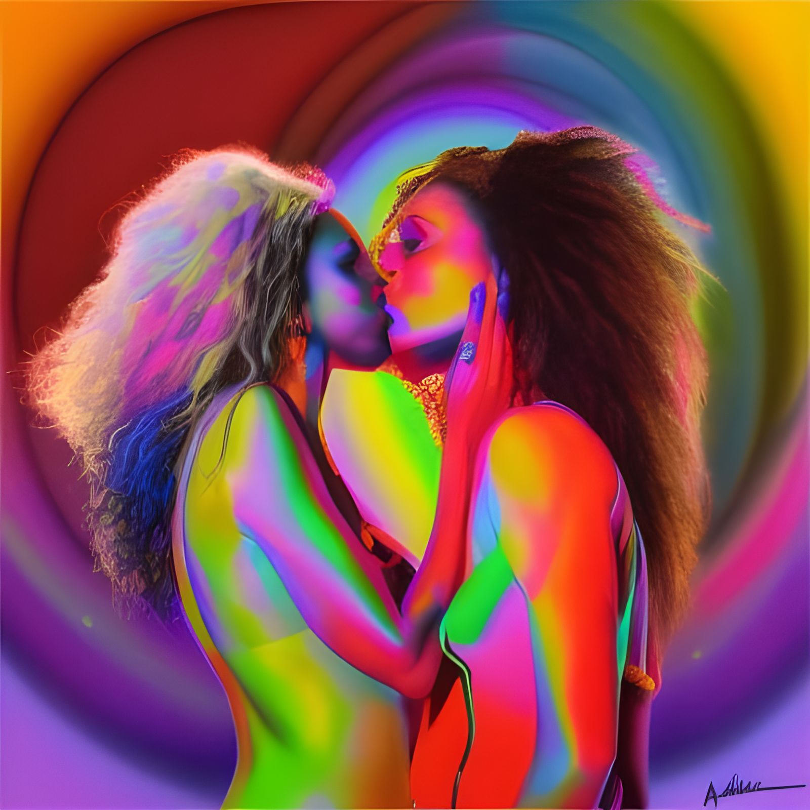 2 Lesbians kissing 3d masterpiece perfect depiction 8k resolution holographic astral cosmic illustration mixed media by ...