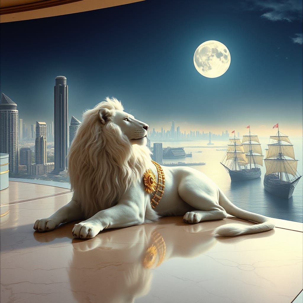 White Lion on Balcony Overlooking Retro Sci-Fi Cityscape at ...