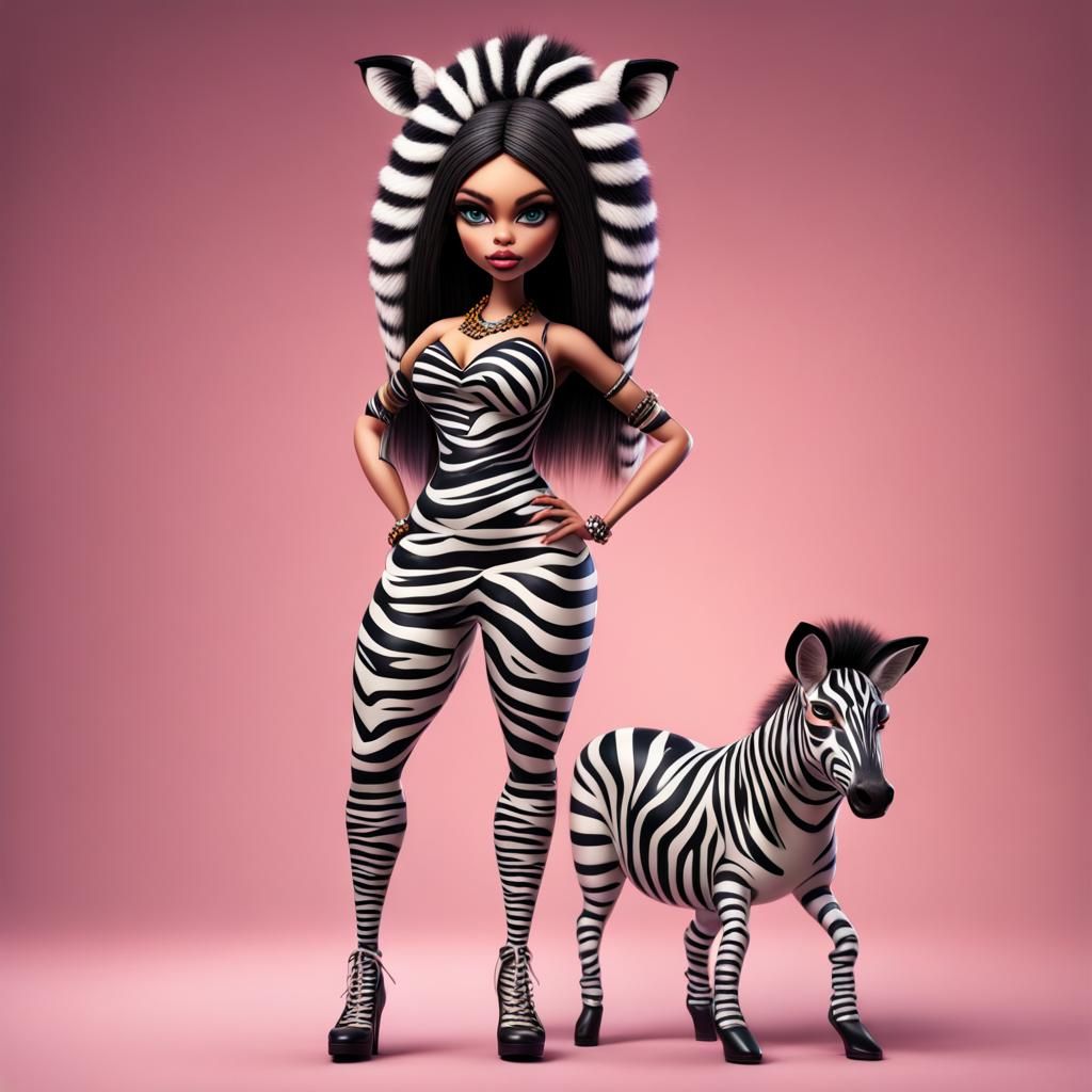Hyperrealistic Zebra Lady Bratz Doll in Matte Painting