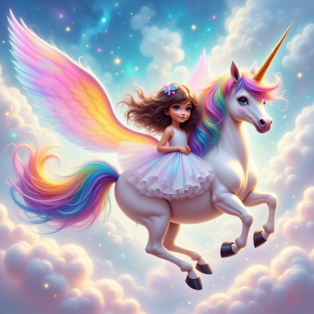 Whimsical Fantasy Girl Soars with Majestic Unicorn