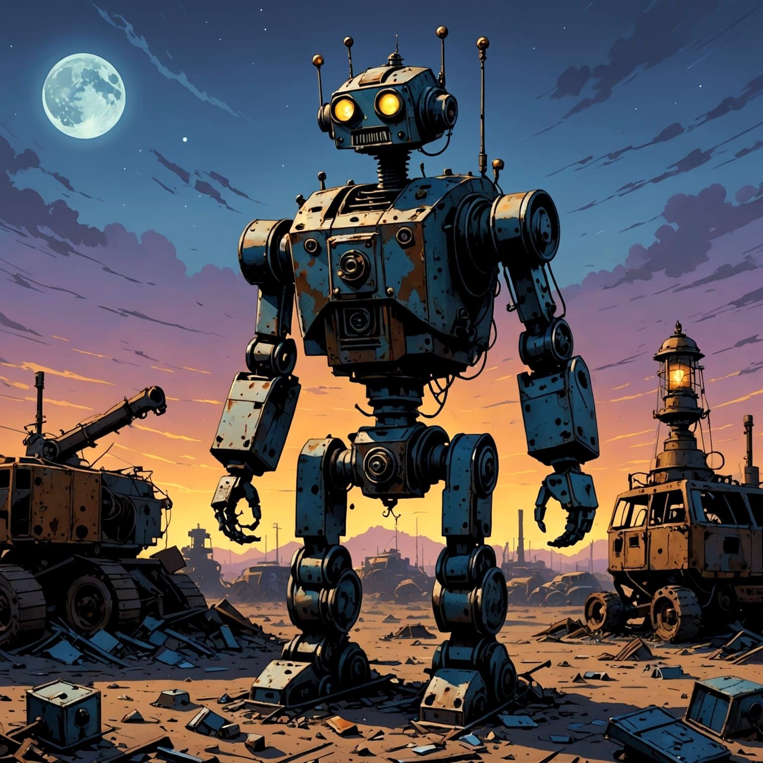 Derelict Robot in Junkyard Wasteland at Twilight