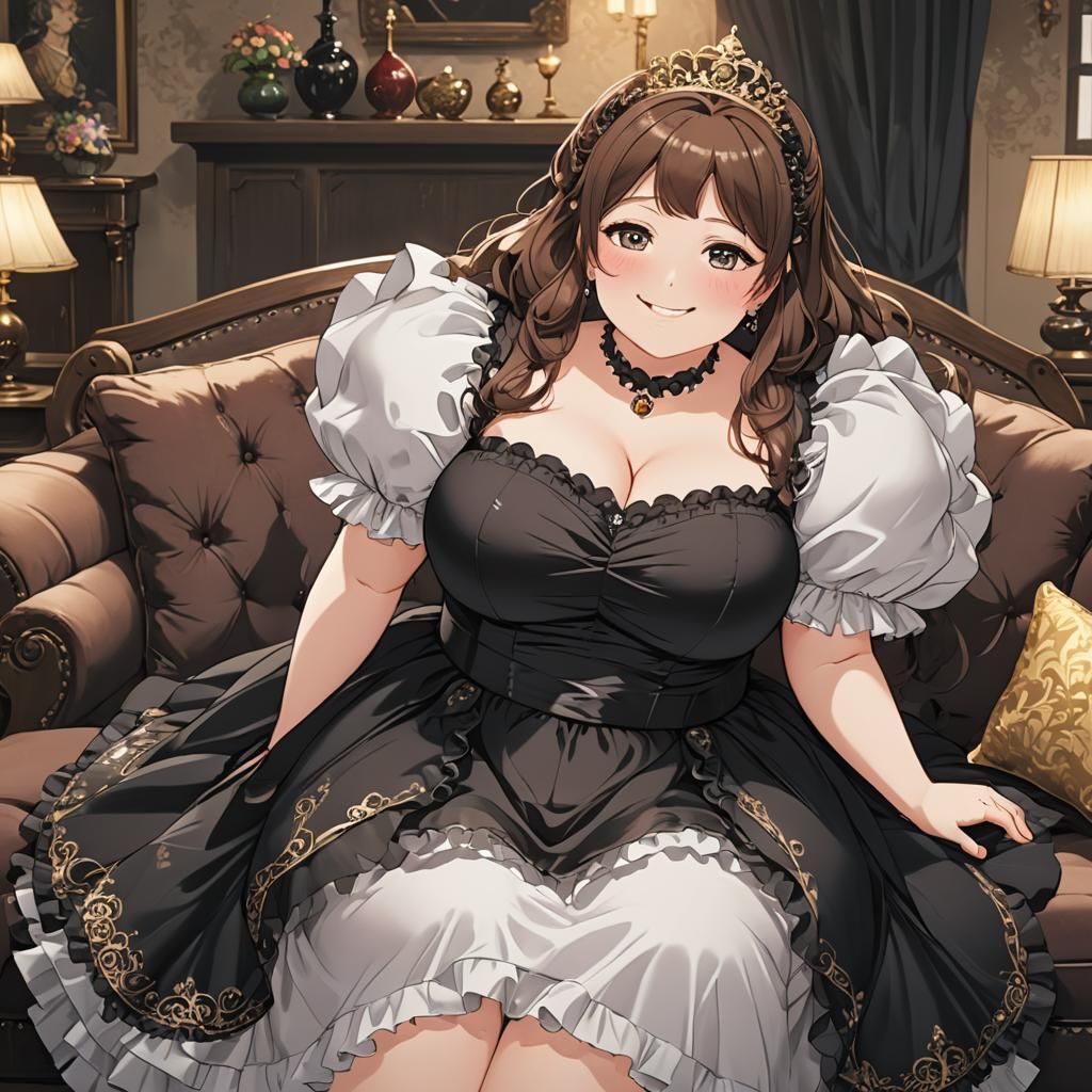 Morbidly Obese Anime Girl in Puffy Black Dress
