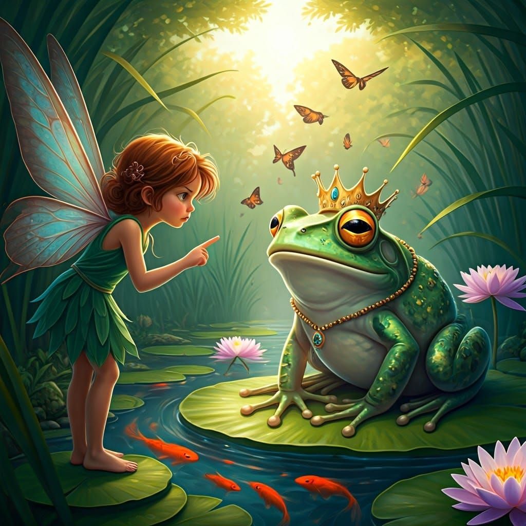 Fairy Scolds Frog King Amidst Butterflies