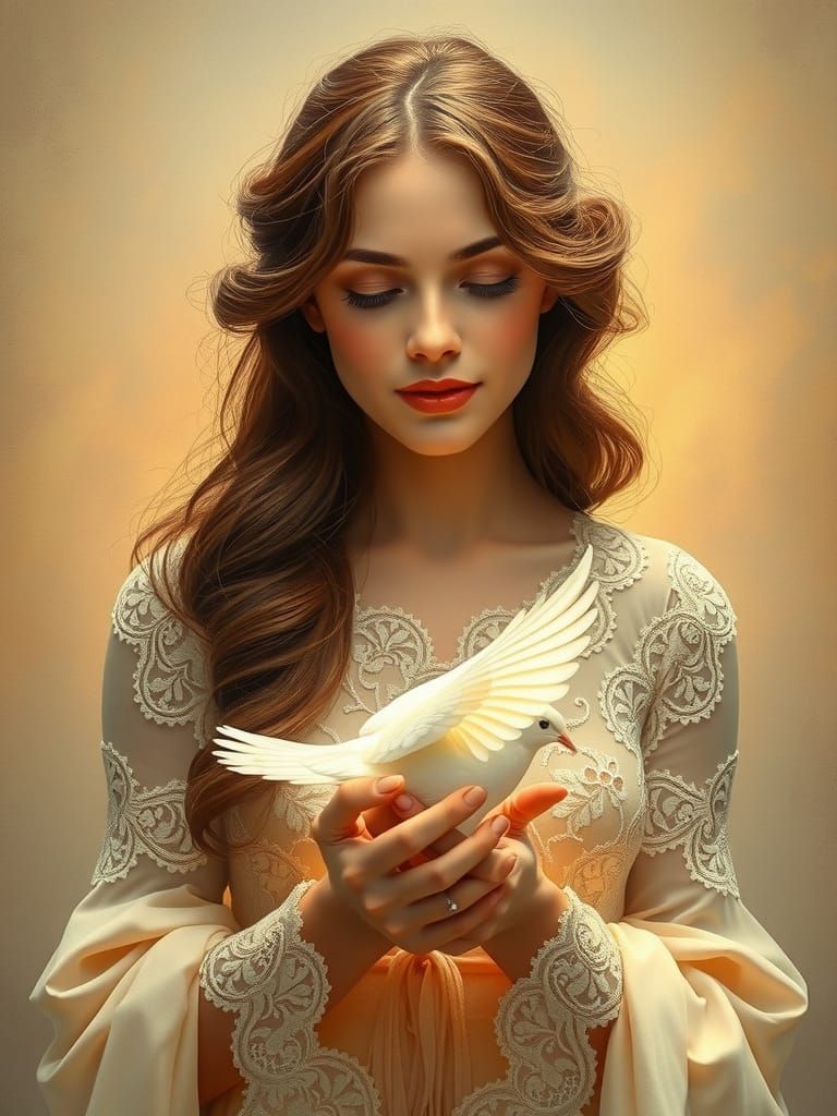 Serene Lady with Dove in Ethereal Light