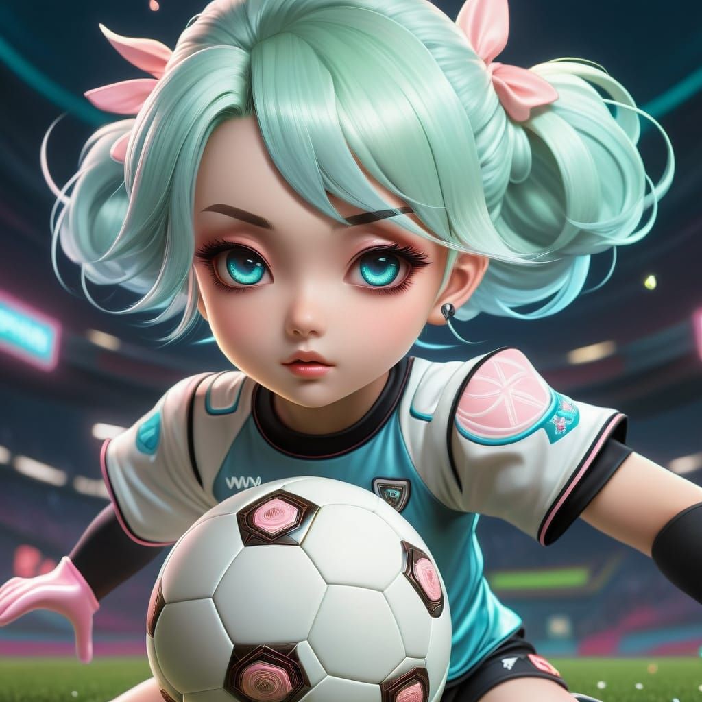 Cyberpunk Chibi Soccer Player in Neon Kawaii Style