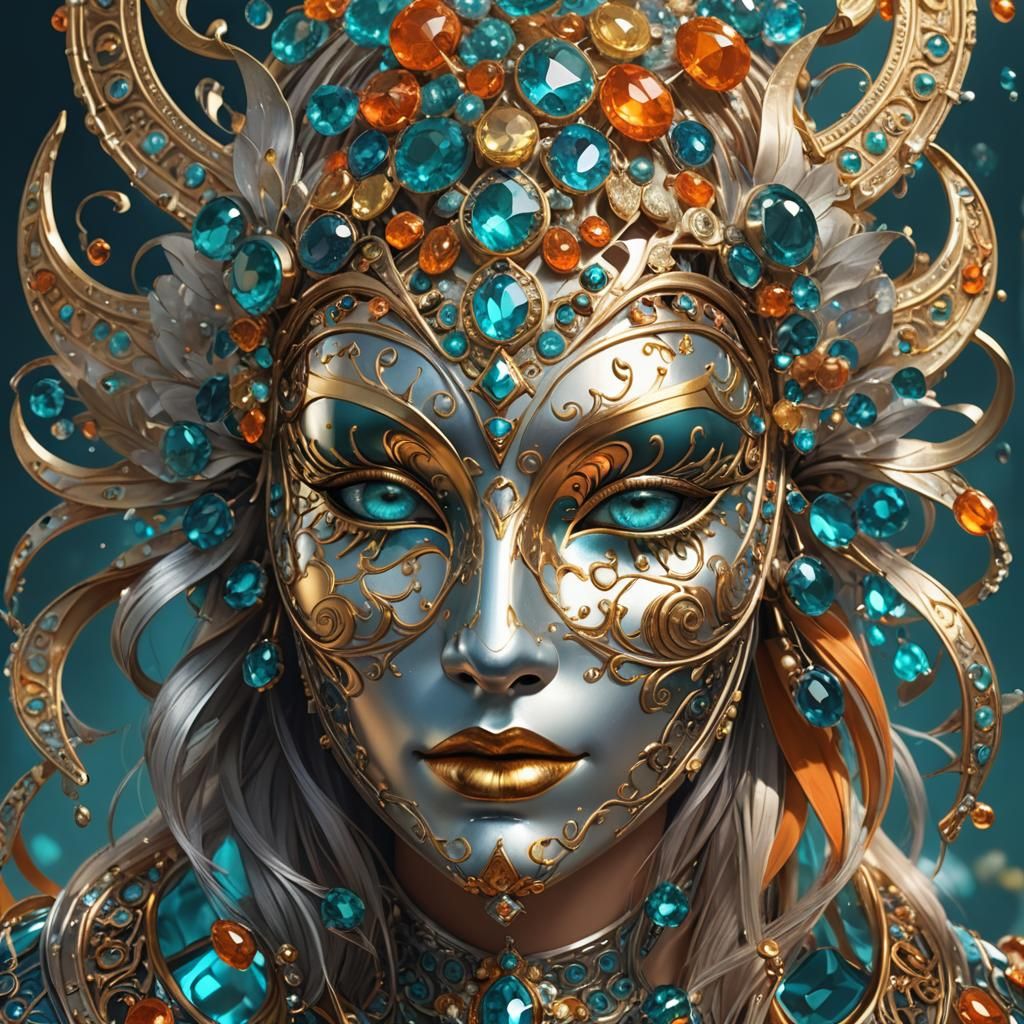 Ornate Venetian Mask with Precious Stones, Art Nouveau Style