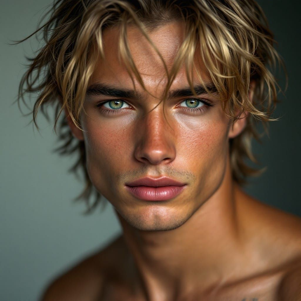 Chiseled Young Man with Soft Features in Hyper-Realistic Por...