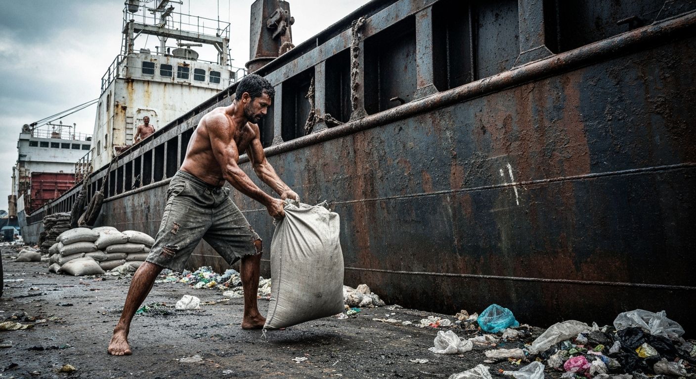 Hyperrealistic Dockworker Unloading Cement on Freighter