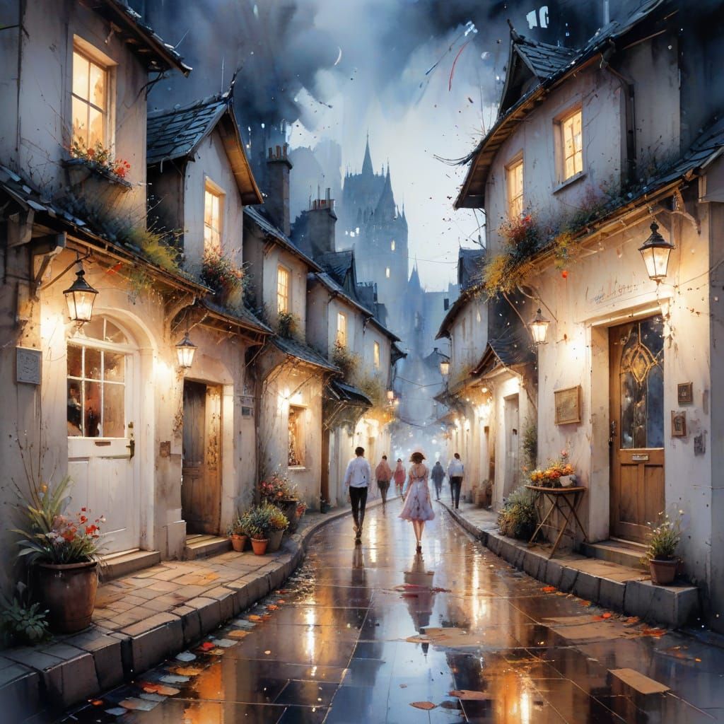 Whimsical Village in Delicate Watercolour Style at Midnight