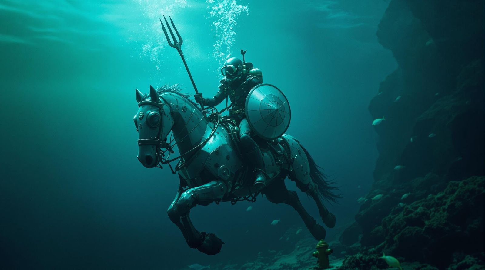 Underwater Steampunk Diver on Metal Horse