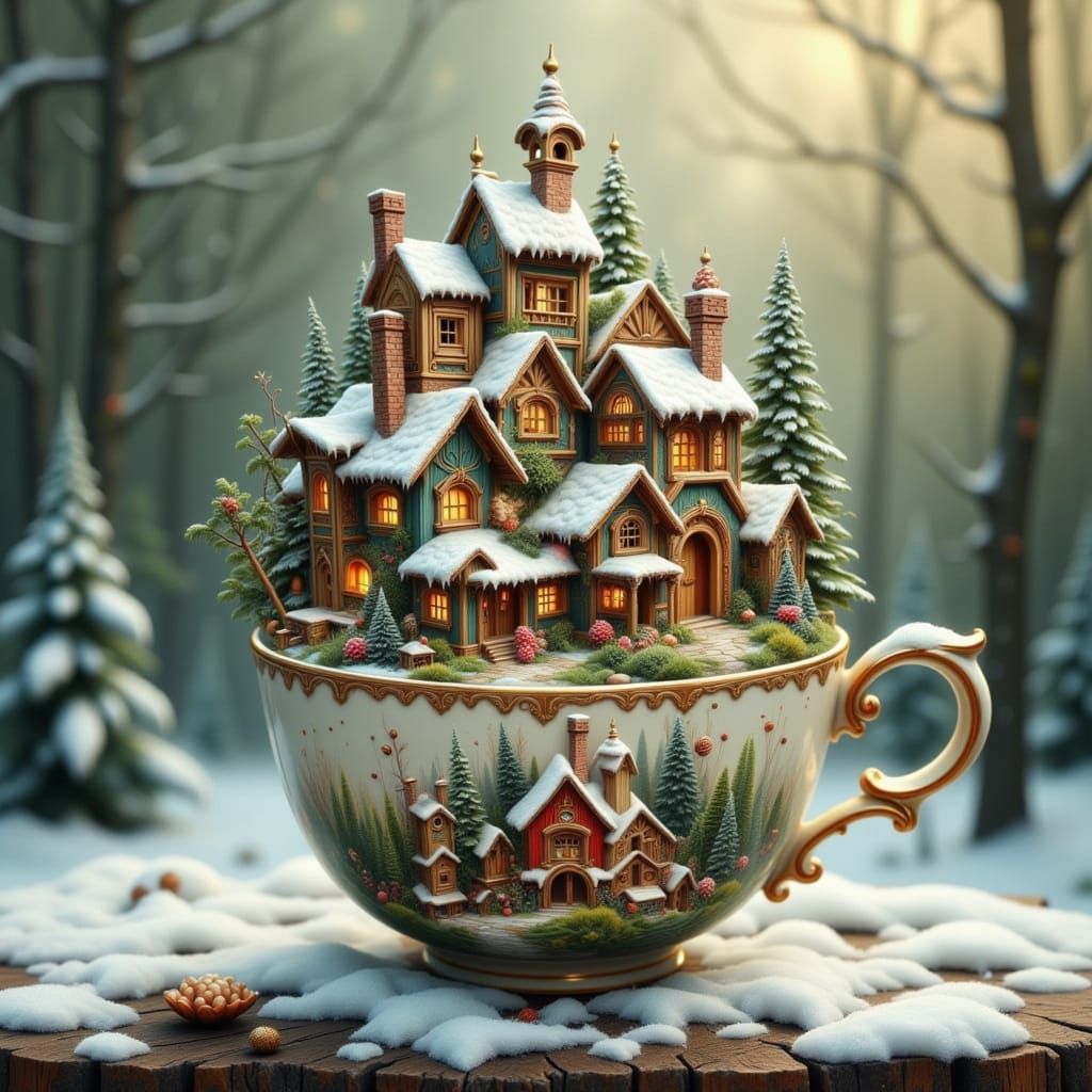 Miniature Christmas City Inside a Teacup