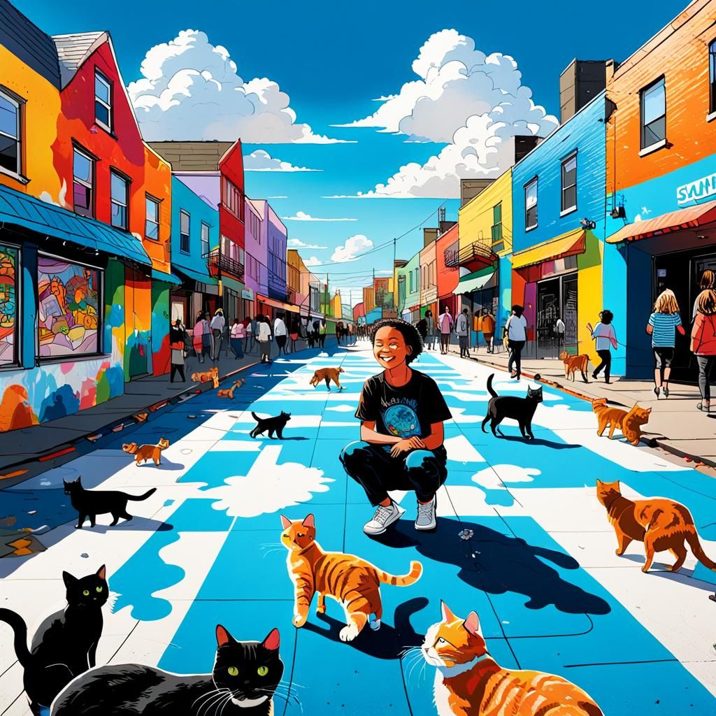 Vibrant Cityscape Mural with Child and Pets