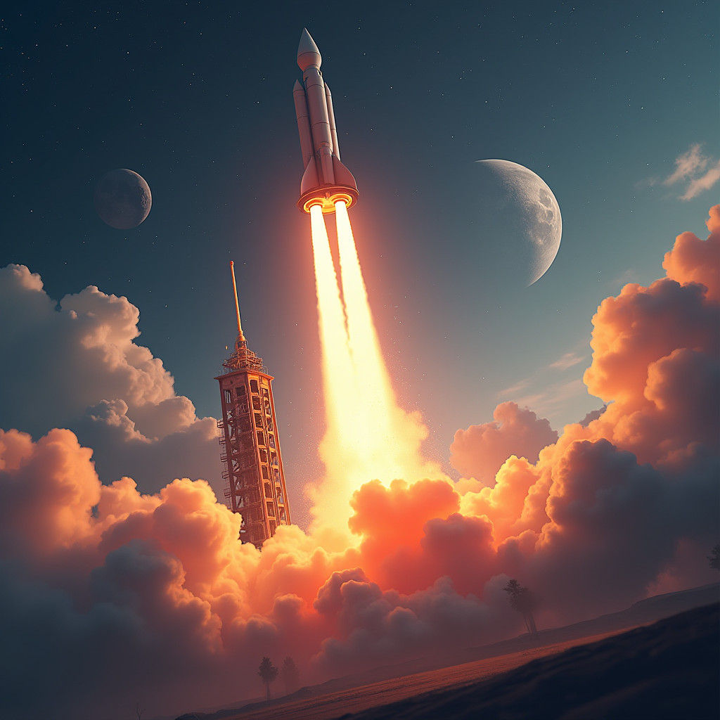 Rockets Launching into Space: Detailed Matte Painting