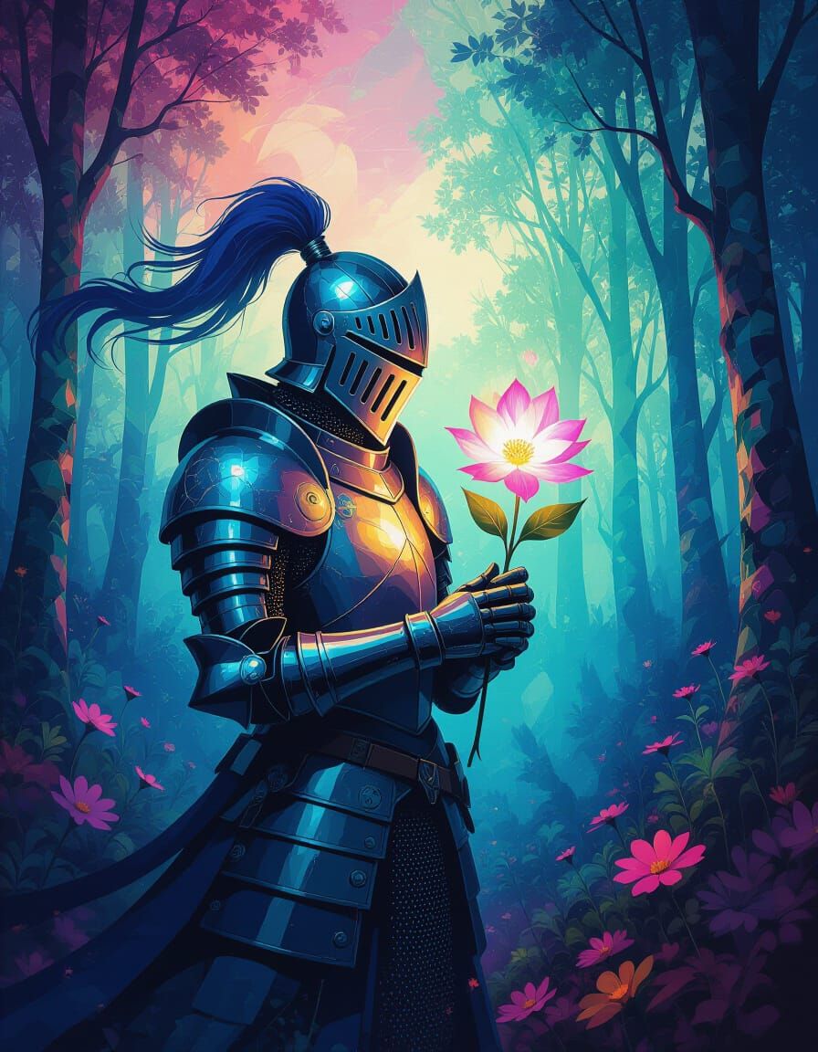 Cosmic Knight with Flower in Enchanted Forest, Glitch Art St...