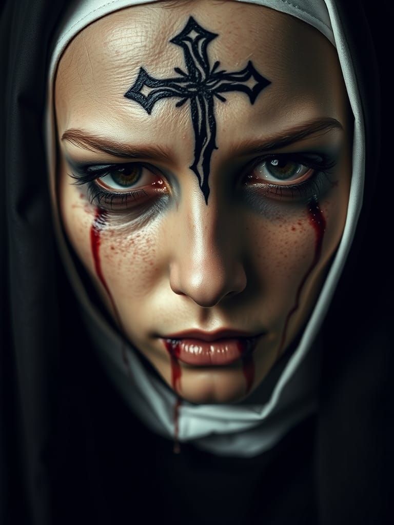 Haunting Nun Portrait in Dark Noir Style