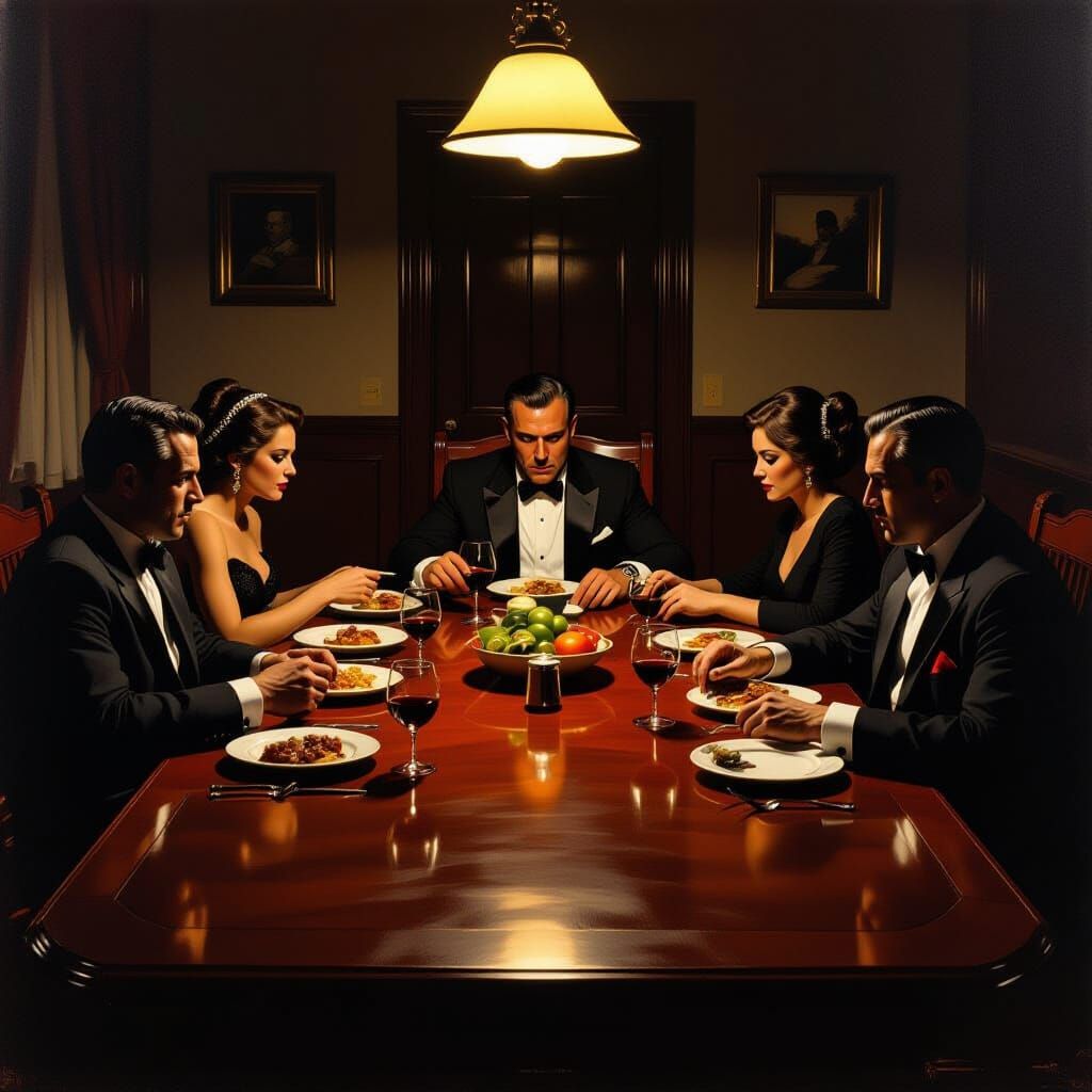 Mafia Family Dinner in Dramatic Chiaroscuro Style